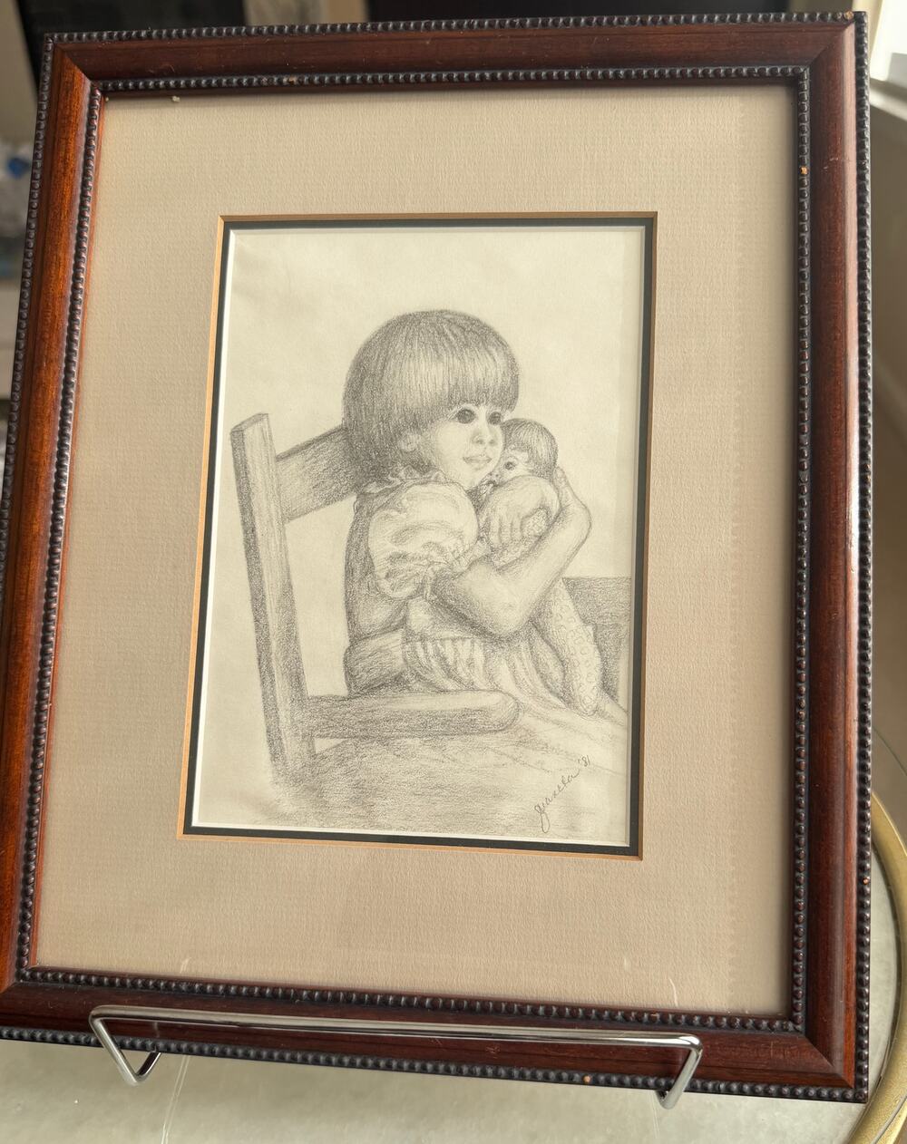 1981 Signed Original Pencil Drawing Child With Doll 11x9 Framed Nursery Art